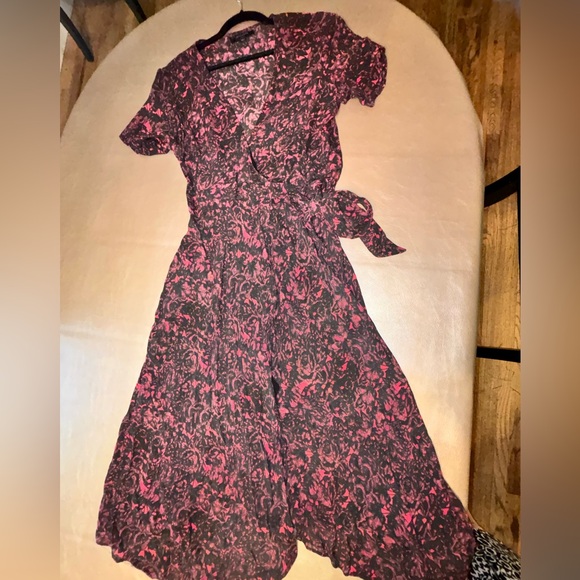 All Saints Pink and Black Seeta midi floral Wrap Dress size large - Picture 1 of 9